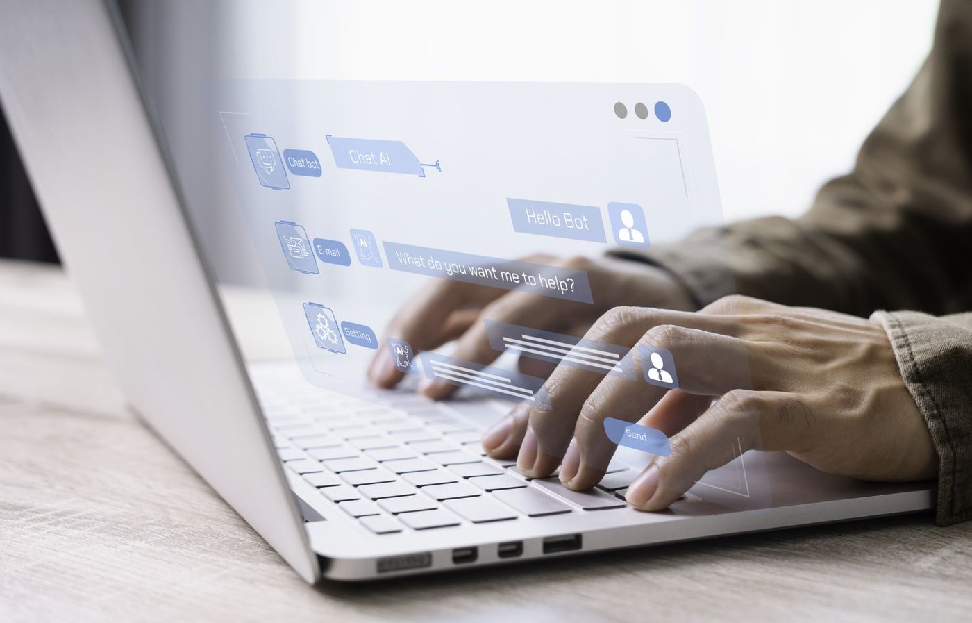 Hands typing on a laptop with an AI chat interface