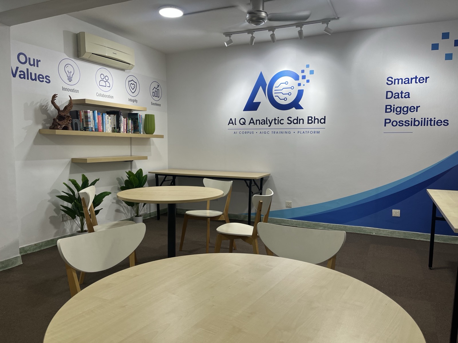 Al Q Analytic office meeting area with the company logo and Our Values wall